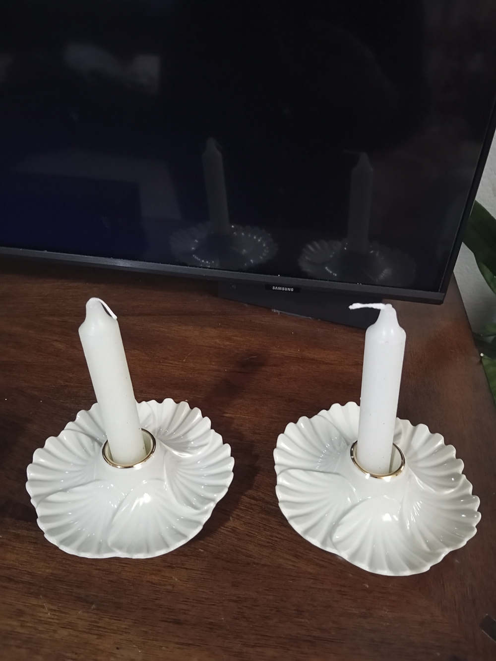 Lenox White Scalloped Ceramic Candle Holders - Pair